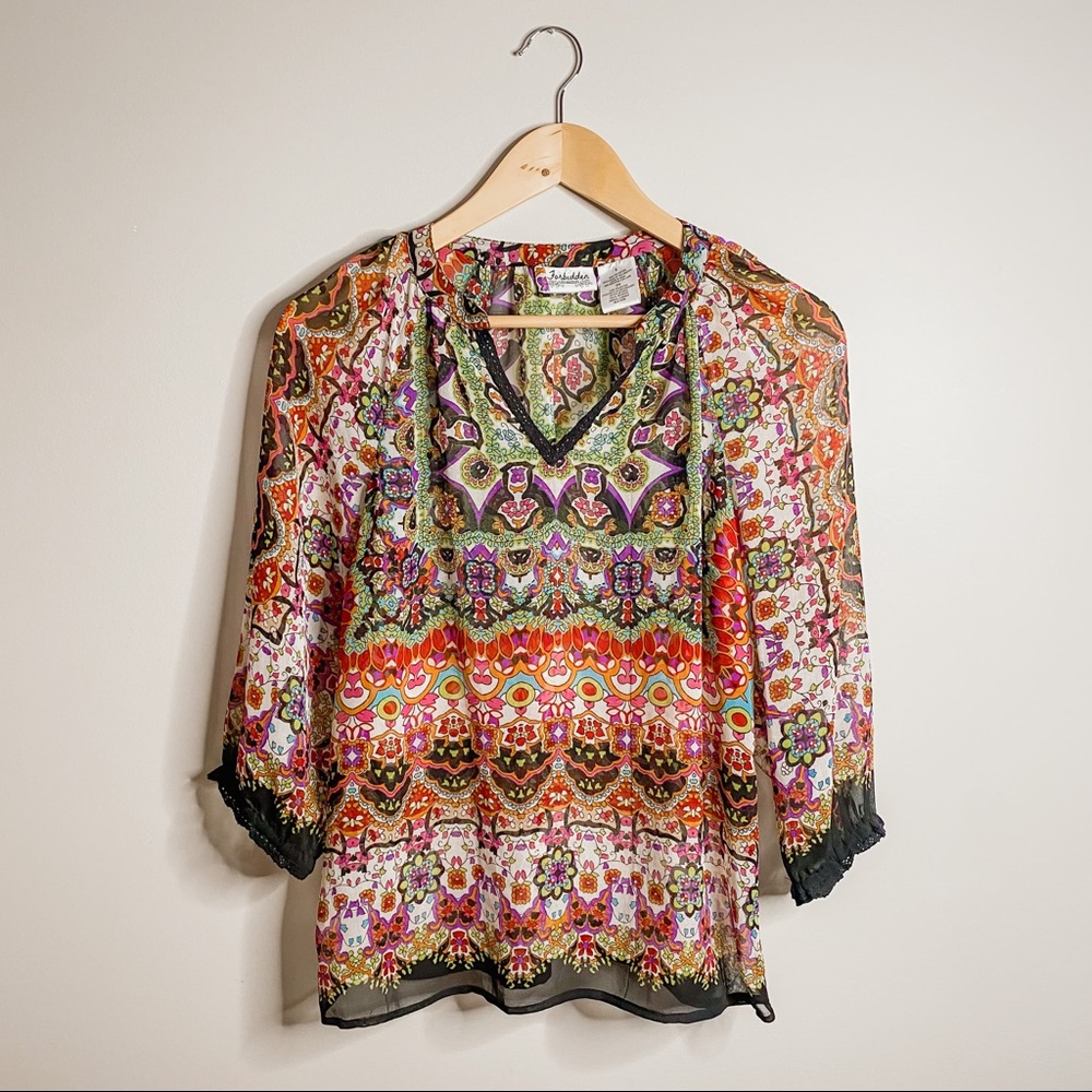 Forbidden Los Angeles | Boho Sheer Colorful Pattern Peasant Top | Small